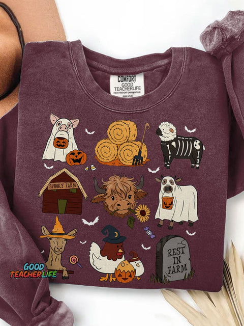 Highland Cow Halloween Print Casual Sweatshirt
