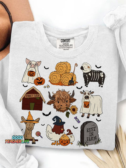 Highland Cow Halloween Print Casual Sweatshirt