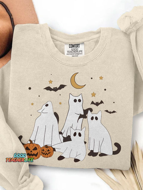 Halloween Ghost Cat Print Casual Sweatshirt