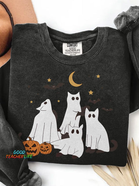 Halloween Ghost Cat Print Casual Sweatshirt