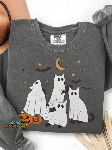 Halloween Ghost Cat Print Casual Sweatshirt