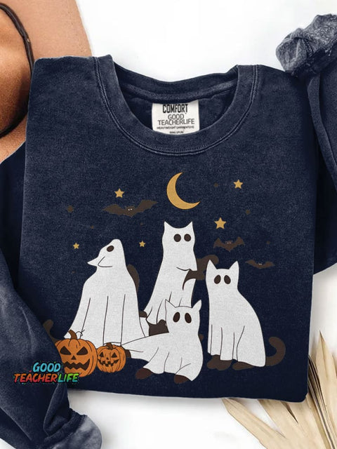 Halloween Ghost Cat Print Casual Sweatshirt