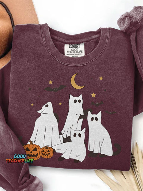 Halloween Ghost Cat Print Casual Sweatshirt