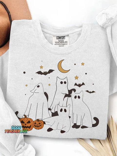 Halloween Ghost Cat Print Casual Sweatshirt