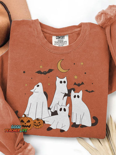 Halloween Ghost Cat Print Casual Sweatshirt