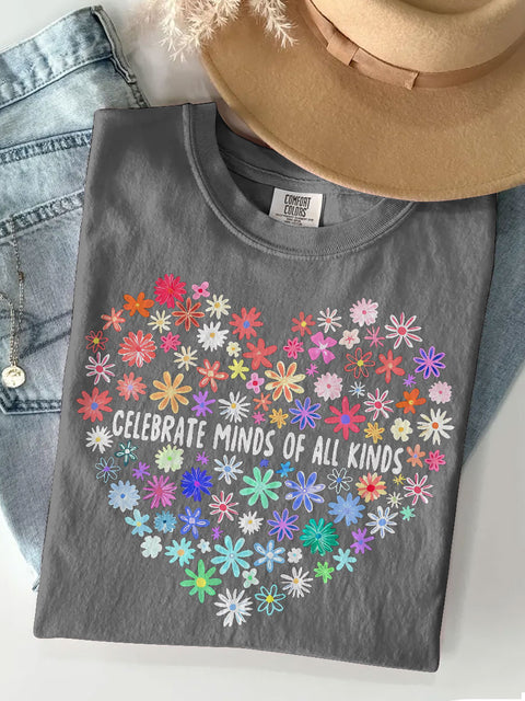 Celebrate Minds Of All Kinds Floral Autism Teacher Casual Print T-shirt