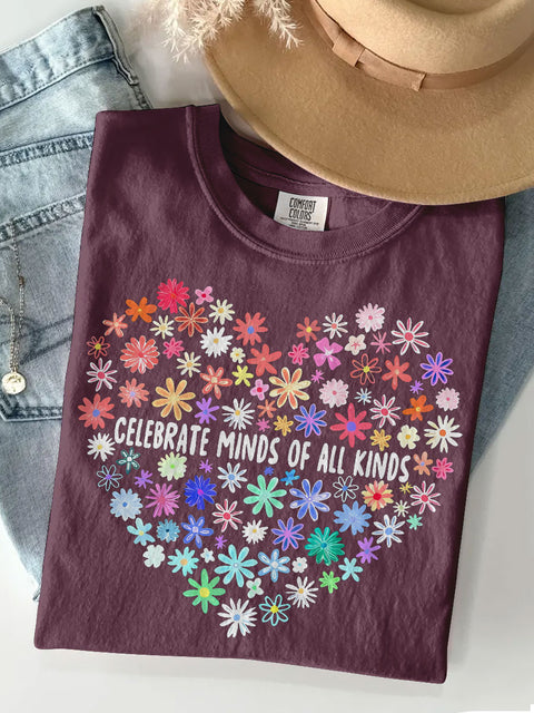 Celebrate Minds Of All Kinds Floral Autism Teacher Casual Print T-shirt