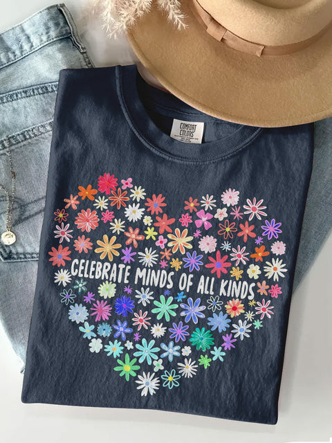 Celebrate Minds Of All Kinds Floral Autism Teacher Casual Print T-shirt