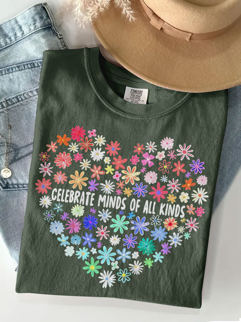 Celebrate Minds Of All Kinds Floral Autism Teacher Casual Print T-shirt