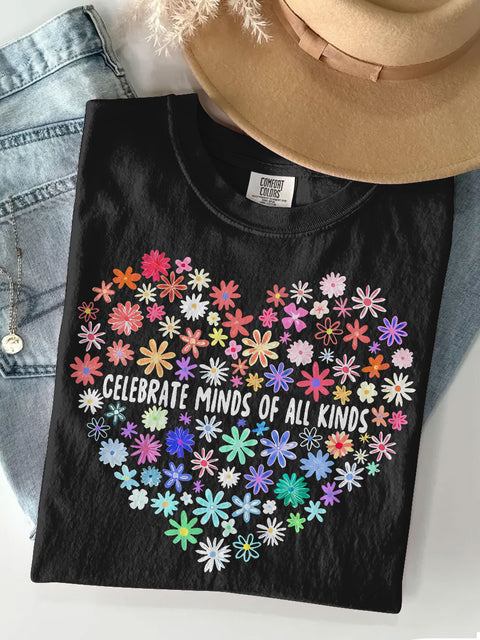 Celebrate Minds Of All Kinds Floral Autism Teacher Casual Print T-shirt