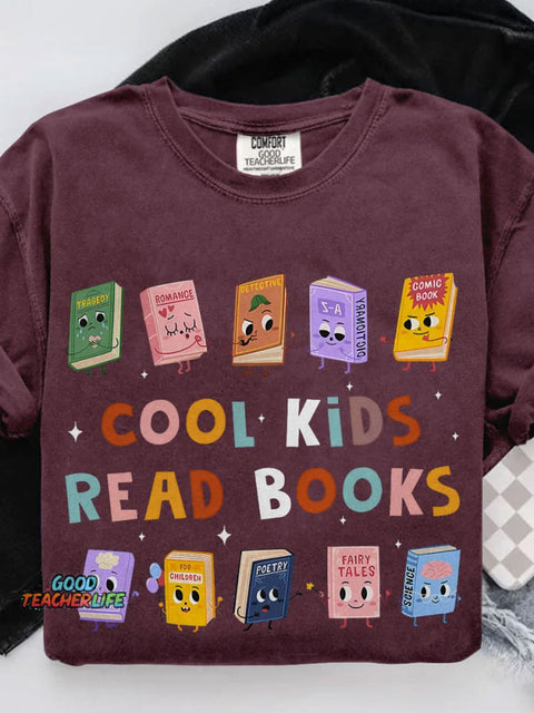 Cool Kids Read Books Teacher Casual Print T-shirt