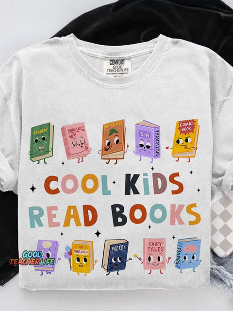 Cool Kids Read Books Teacher Casual Print T-shirt