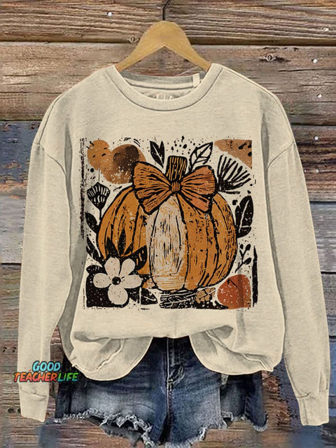 Pumpkin Boho Floral Helloween Print Casual Sweatshirt