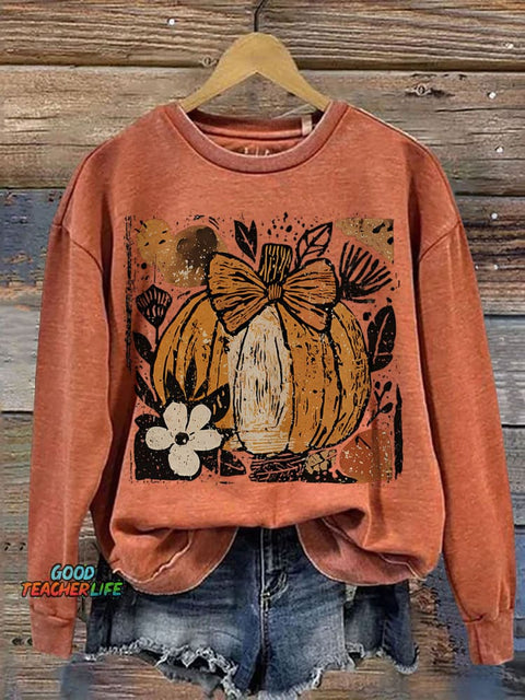 Pumpkin Boho Floral Helloween Print Casual Sweatshirt