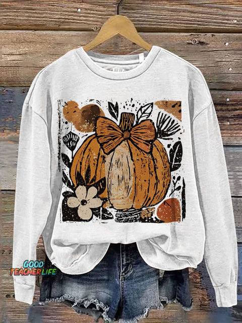 Pumpkin Boho Floral Helloween Print Casual Sweatshirt