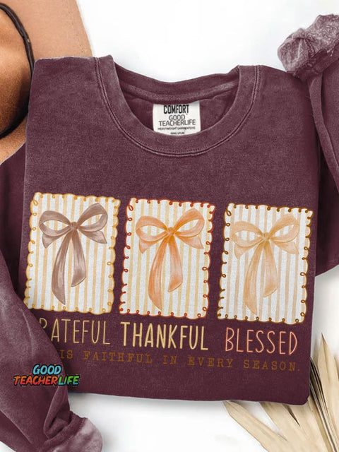 Grateful Thankful Blessed Print Casual Sweatshirt