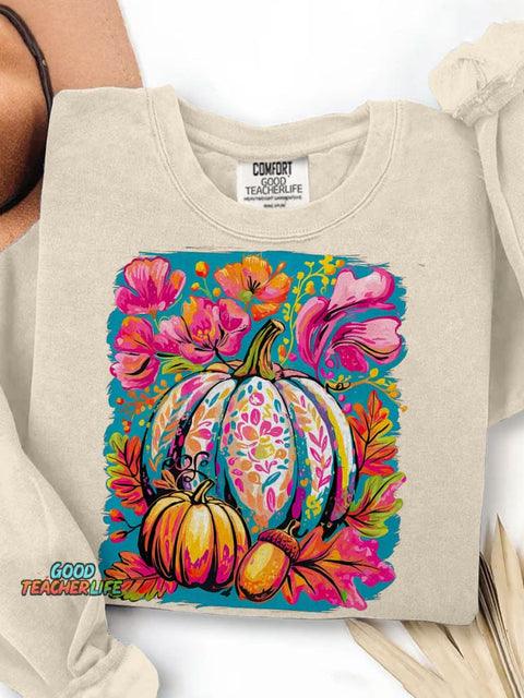 Fall Floral Pumpkin Boho Floral Fall Print Casual Sweatshirt