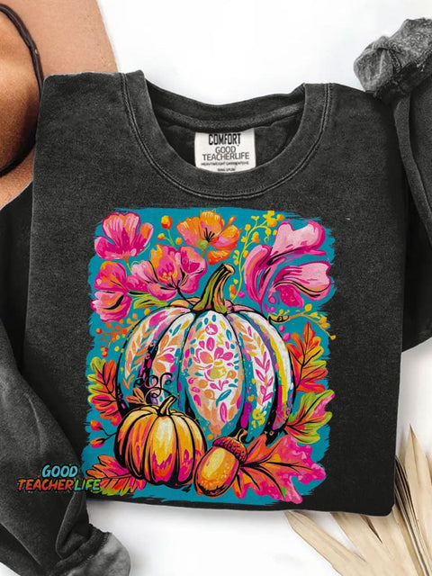 Fall Floral Pumpkin Boho Floral Fall Print Casual Sweatshirt
