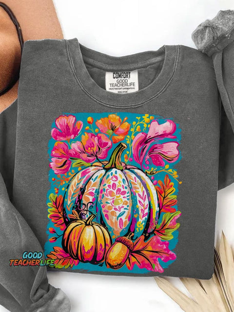 Fall Floral Pumpkin Boho Floral Fall Print Casual Sweatshirt