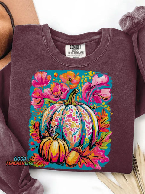 Fall Floral Pumpkin Boho Floral Fall Print Casual Sweatshirt
