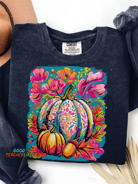Fall Floral Pumpkin Boho Floral Fall Print Casual Sweatshirt