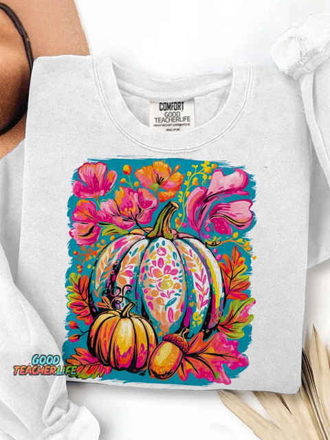 Fall Floral Pumpkin Boho Floral Fall Print Casual Sweatshirt