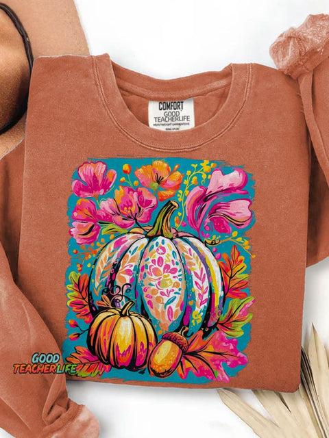 Fall Floral Pumpkin Boho Floral Fall Print Casual Sweatshirt