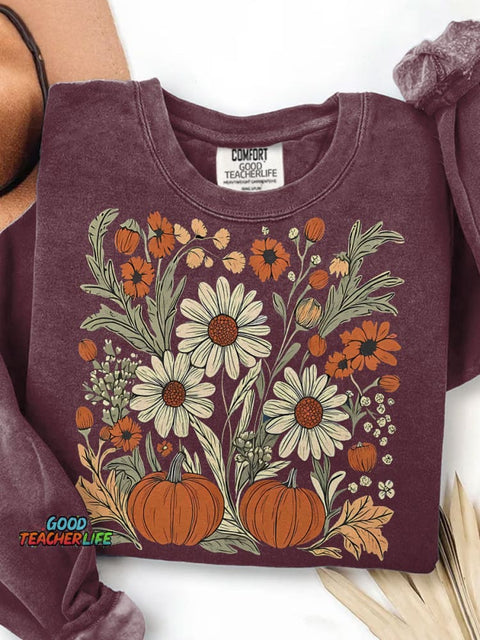 Boho Fall Floral Pumpkin Helloween Print Casual Sweatshirt