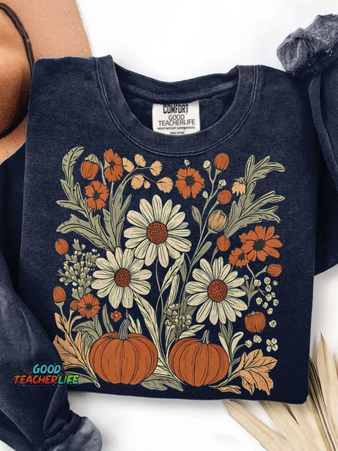 Boho Fall Floral Pumpkin Helloween Print Casual Sweatshirt