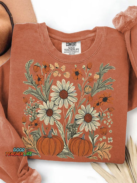 Boho Fall Floral Pumpkin Helloween Print Casual Sweatshirt