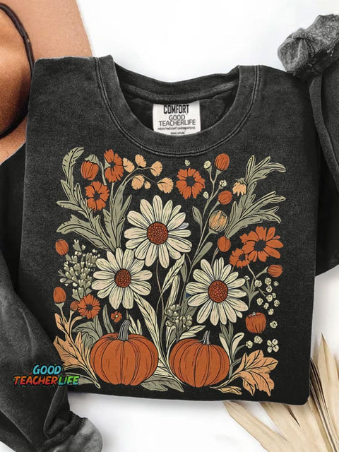 Boho Fall Floral Pumpkin Helloween Print Casual Sweatshirt