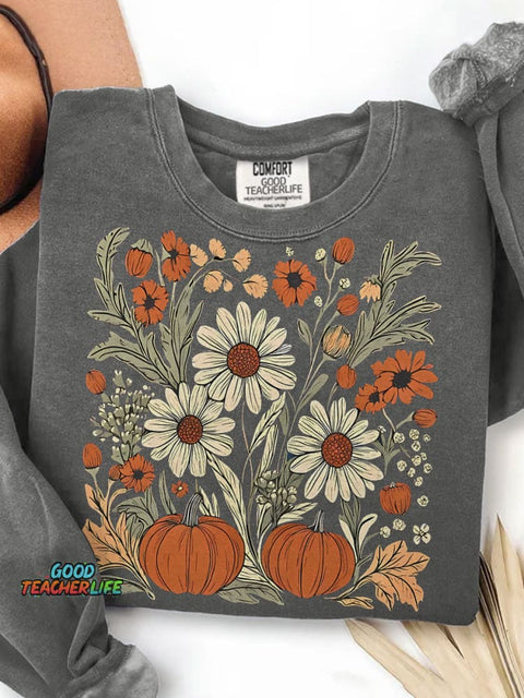 Boho Fall Floral Pumpkin Helloween Print Casual Sweatshirt