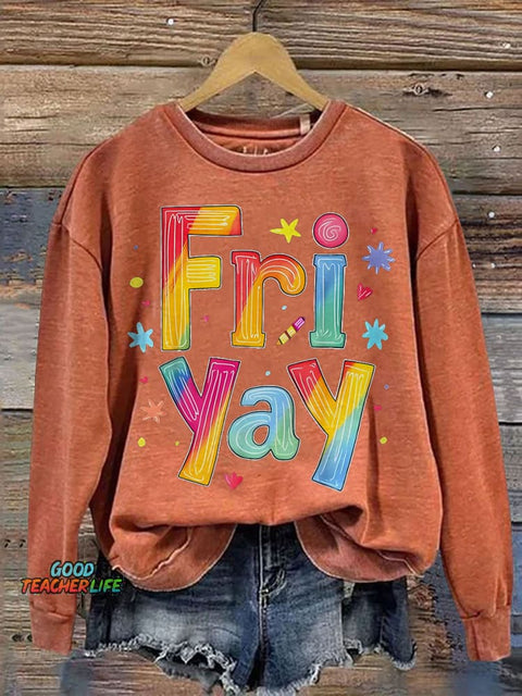 Fri Yay Teacher Print Casual Sweatshirt