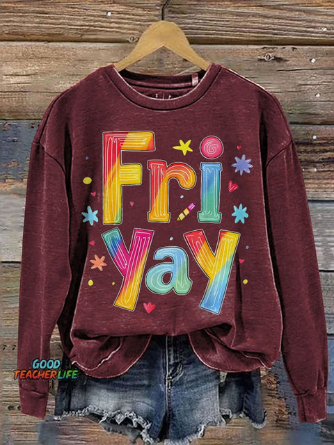 Fri Yay Teacher Print Casual Sweatshirt