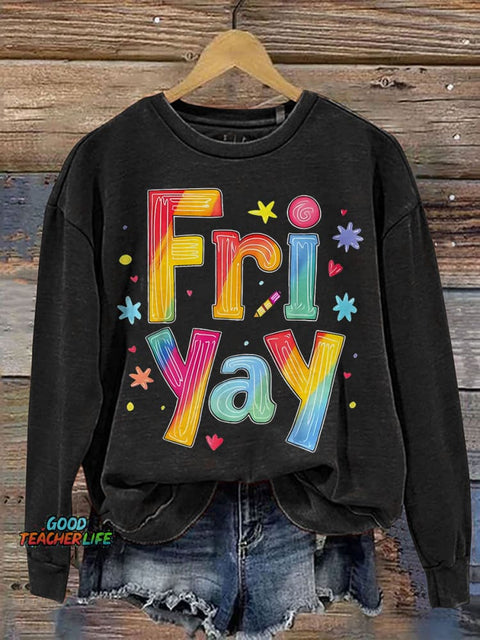 Fri Yay Teacher Print Casual Sweatshirt