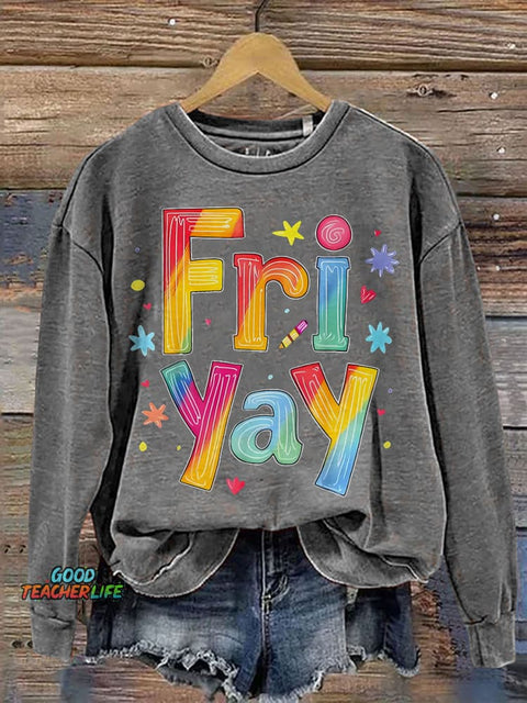 Fri Yay Teacher Print Casual Sweatshirt