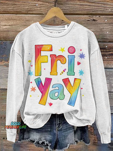 Fri Yay Teacher Print Casual Sweatshirt