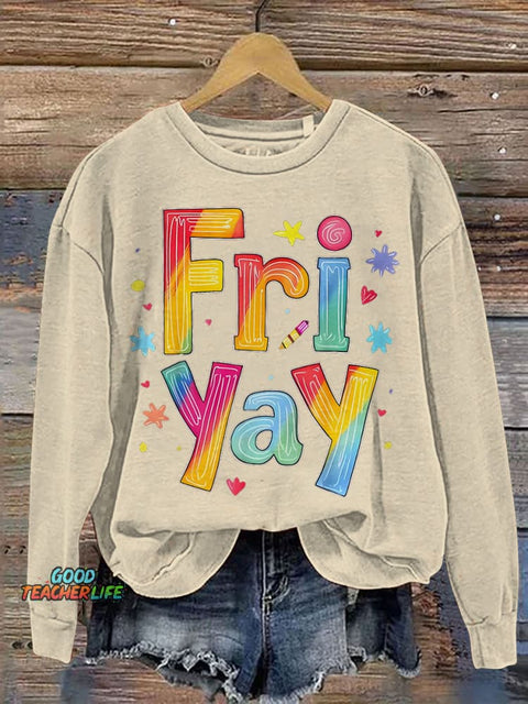 Fri Yay Teacher Print Casual Sweatshirt