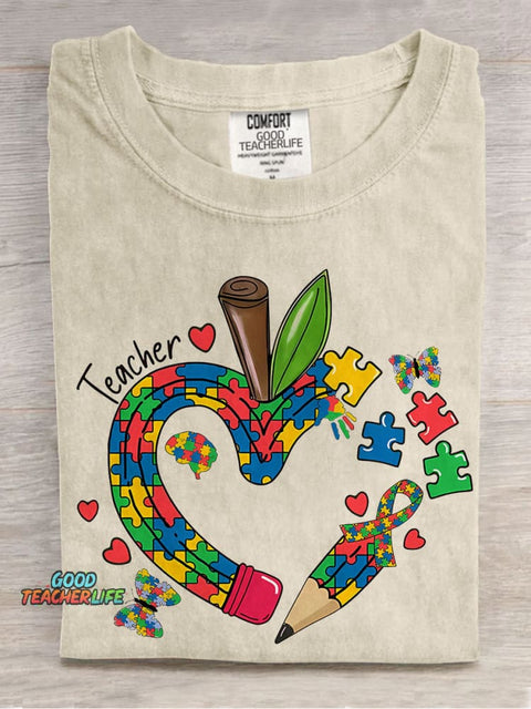 Teacher Apple Pencil Teacher Jigsaw Puzzle Special Education Casual Print T-shirt
