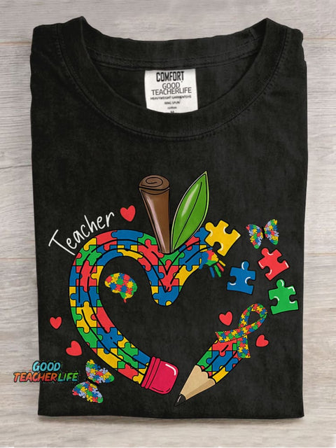 Teacher Apple Pencil Teacher Jigsaw Puzzle Special Education Casual Print T-shirt