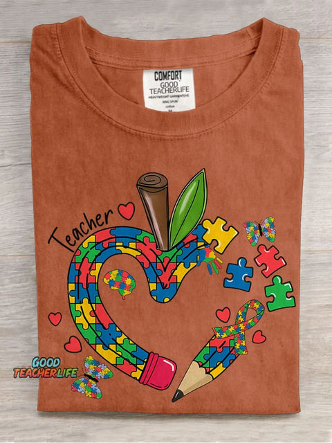 Teacher Apple Pencil Teacher Jigsaw Puzzle Special Education Casual Print T-shirt