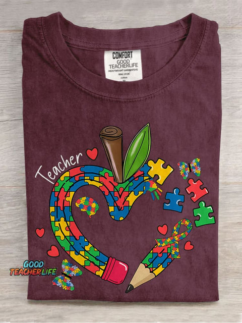 Teacher Apple Pencil Teacher Jigsaw Puzzle Special Education Casual Print T-shirt