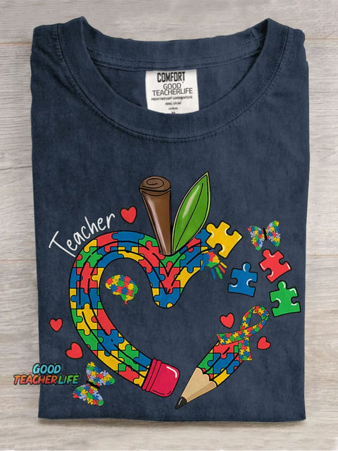 Teacher Apple Pencil Teacher Jigsaw Puzzle Special Education Casual Print T-shirt
