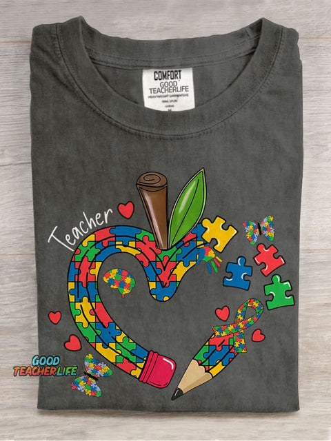 Teacher Apple Pencil Teacher Jigsaw Puzzle Special Education Casual Print T-shirt