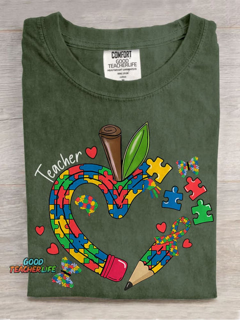 Teacher Apple Pencil Teacher Jigsaw Puzzle Special Education Casual Print T-shirt