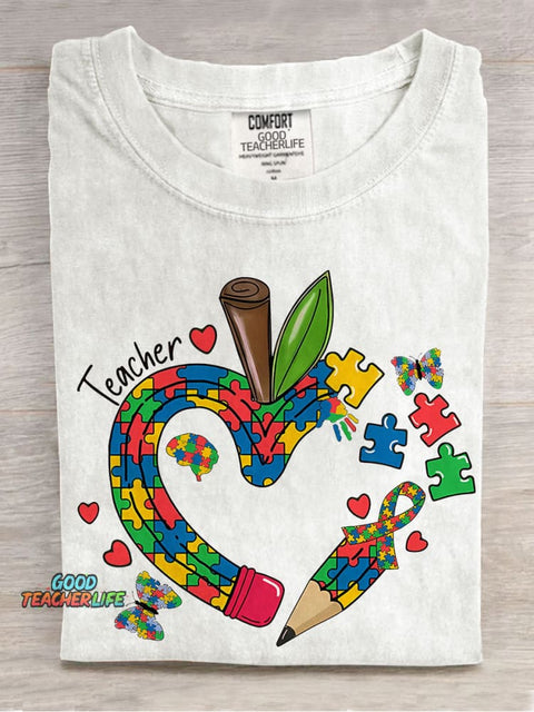 Teacher Apple Pencil Teacher Jigsaw Puzzle Special Education Casual Print T-shirt