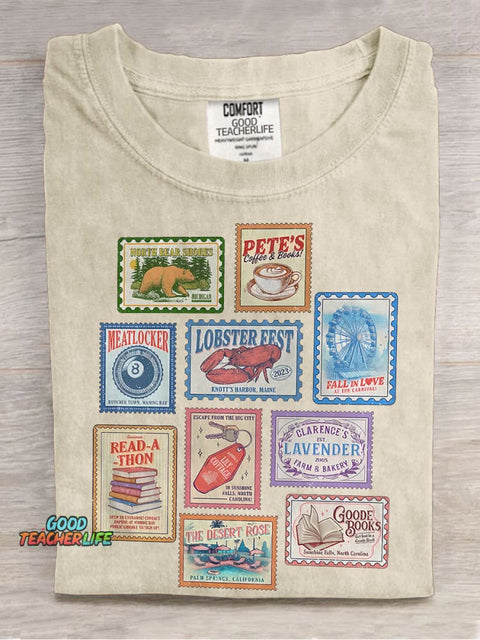 Books Stamp Casual Print T-shirt