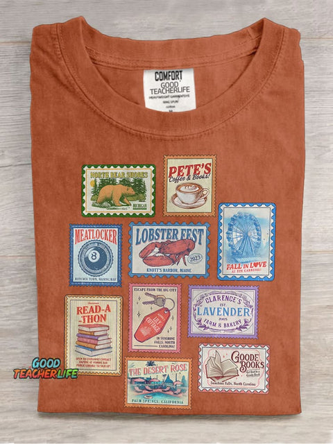 Books Stamp Casual Print T-shirt
