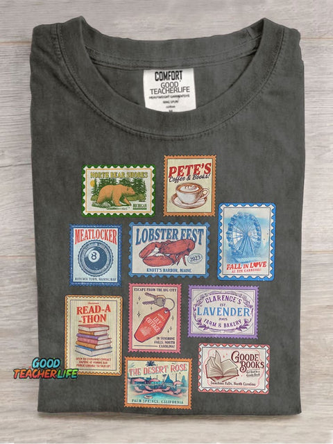 Books Stamp Casual Print T-shirt