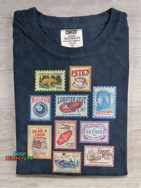 Books Stamp Casual Print T-shirt
